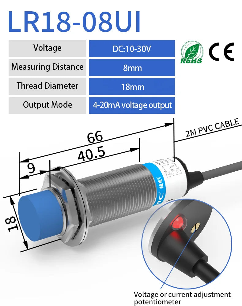 GTRIC Analog Linear Displacement Proximity Sensor M12 M18 M30 0-10V Voltage or 4-20mA Current Output Inductive Switch