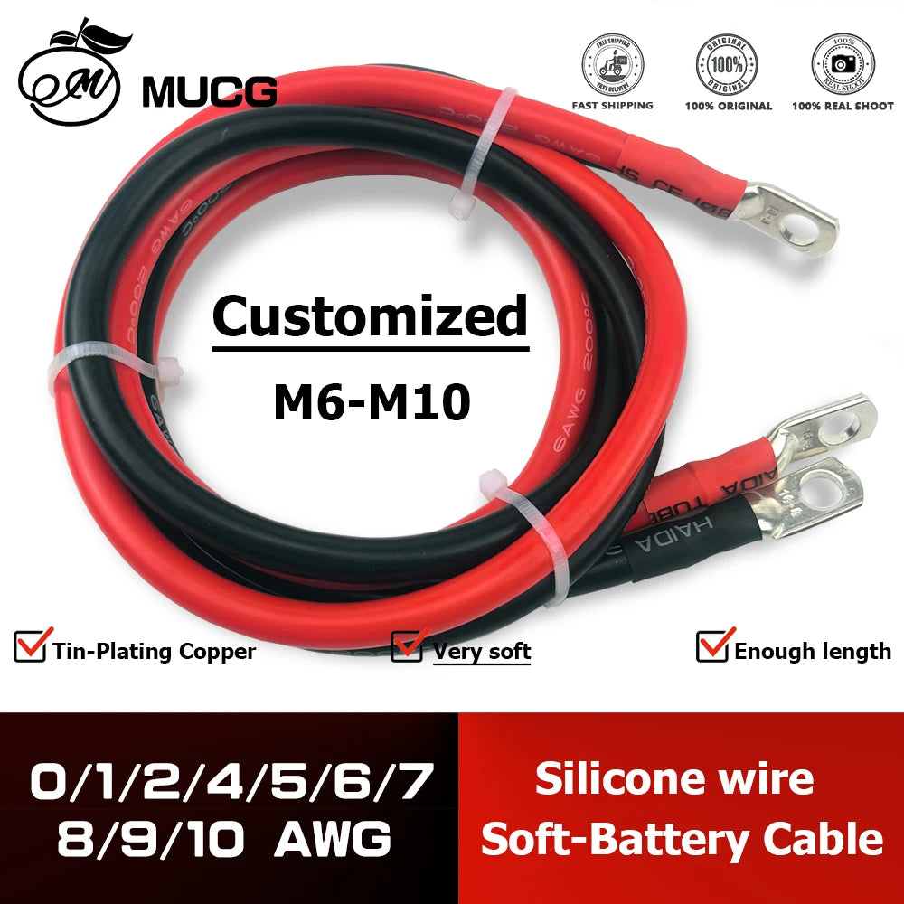 100cm/200cm Length M6-M10 Very Soft Car Battery Cable Silicone wire With Lug Ring Terminal cable Black Red Jumper cables 1AWG 2AWG 4AWG