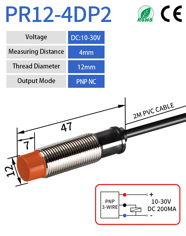 GTRIC PR12 Inductive Proximity Sensor PR12-4DN PR12-4DP M12 Short Type Proximity Switch 4MM Non-Flush 10-30V DC NPN PNP 2M Cable