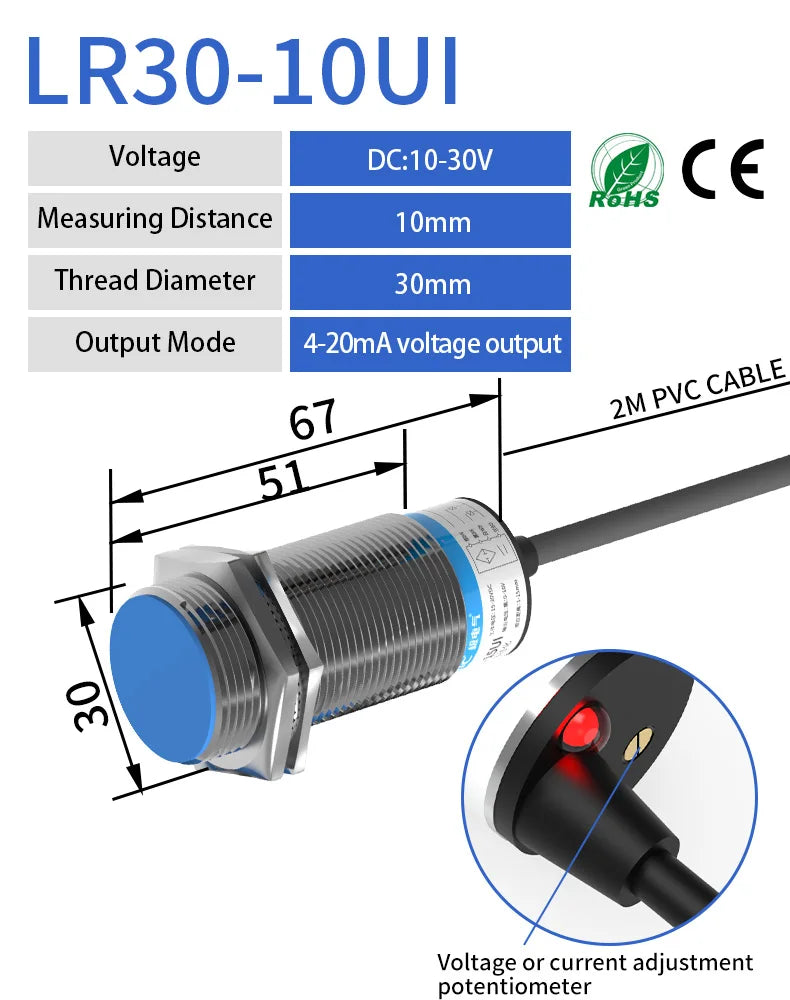 GTRIC Analog Linear Displacement Proximity Sensor M12 M18 M30 0-10V Voltage or 4-20mA Current Output Inductive Switch