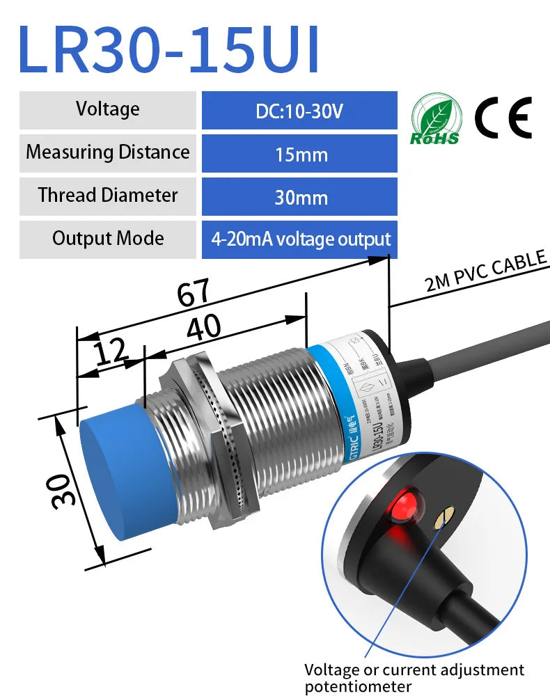 GTRIC Analog Linear Displacement Proximity Sensor M12 M18 M30 0-10V Voltage or 4-20mA Current Output Inductive Switch