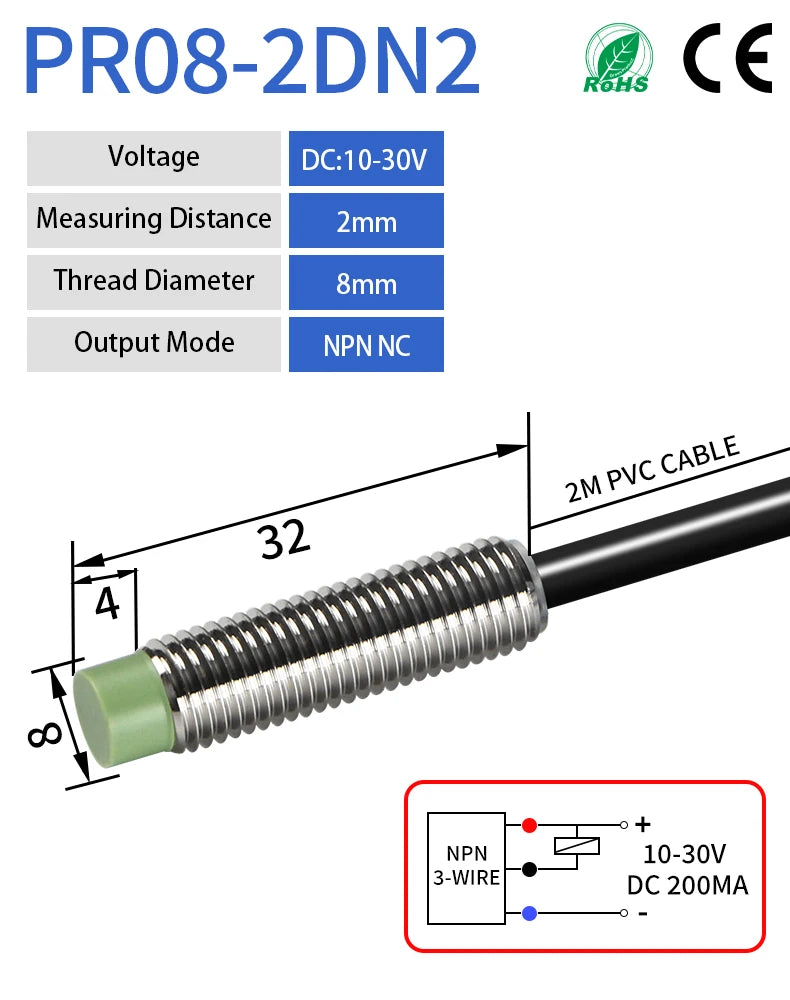 GTRIC PR08 Inductive Proximity Sensor Switch M8 Short Type 12-24V DC Non-Flush PR08-2DN PR08-2DP NPN PNP 2mm Sensing Distance