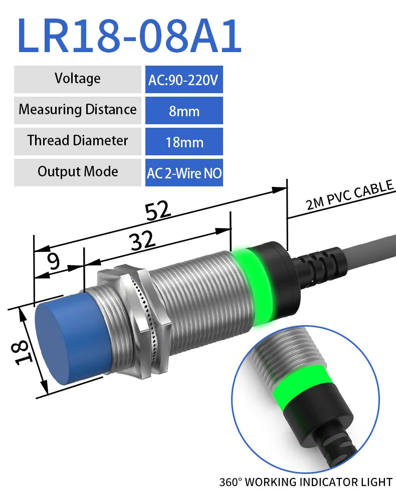 GTRIC M18 Series Industrial Proximity Switch Sensor Non-contact Distance 5mm 8mm NPN PNP 12-24V Non-Flush Flush