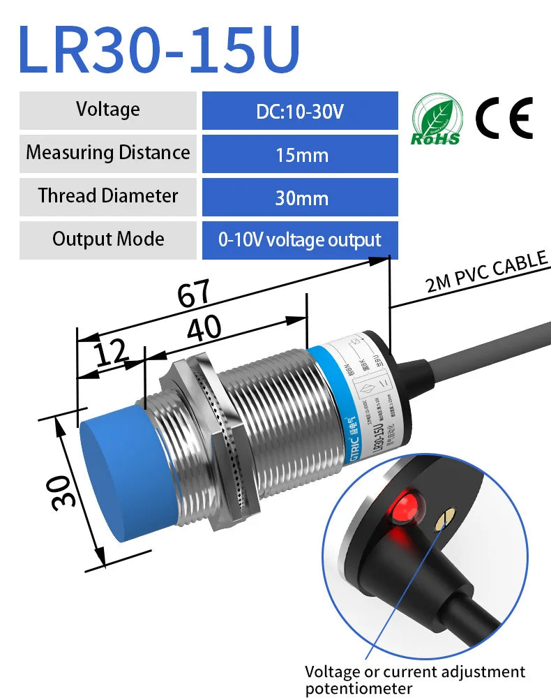 GTRIC Analog Linear Displacement Proximity Sensor M12 M18 M30 0-10V Voltage or 4-20mA Current Output Inductive Switch
