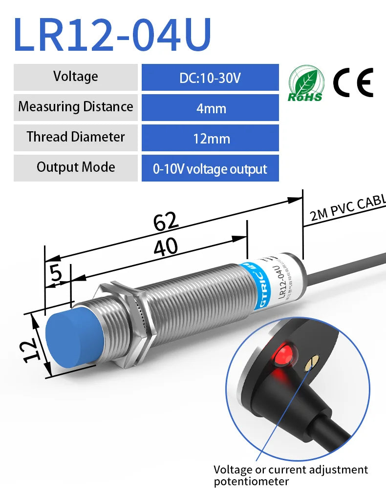 GTRIC Analog Linear Displacement Proximity Sensor M12 M18 M30 0-10V Voltage or 4-20mA Current Output Inductive Switch