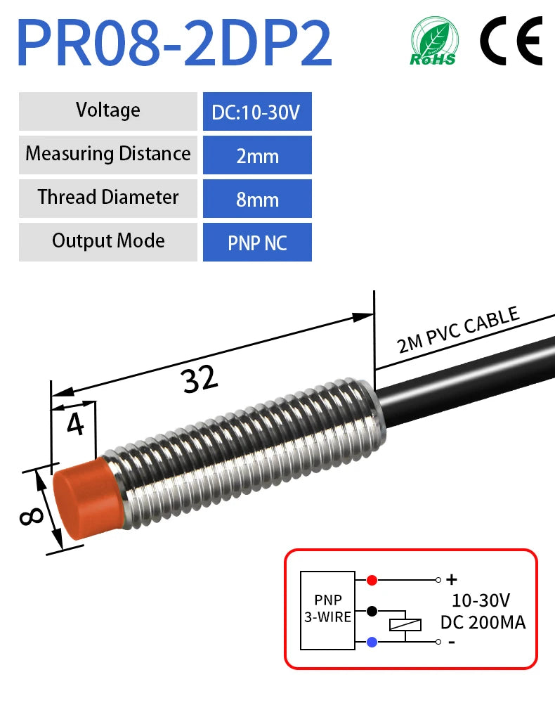 GTRIC PR08 Inductive Proximity Sensor Switch M8 Short Type 12-24V DC Non-Flush PR08-2DN PR08-2DP NPN PNP 2mm Sensing Distance
