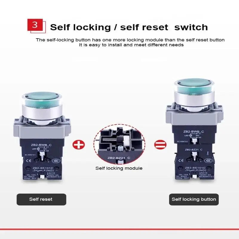 1Pcs XB2-BW3161 XB2-BW3361 XB2-BW3462 XB2-BW3561 XB2-BW3661 Metal Button With Light Self Reset/Self Lock Aperture 22mm 24V 380V - electrical center b2c