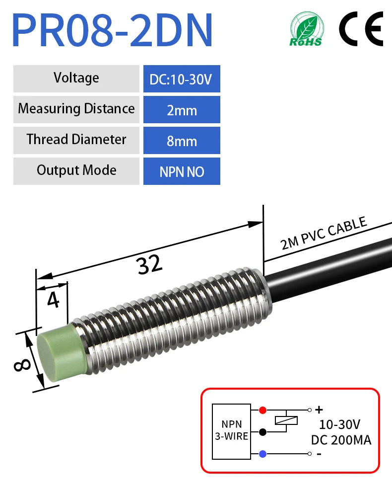 GTRIC PR08 Inductive Proximity Sensor Switch M8 Short Type 12-24V DC Non-Flush PR08-2DN PR08-2DP NPN PNP 2mm Sensing Distance
