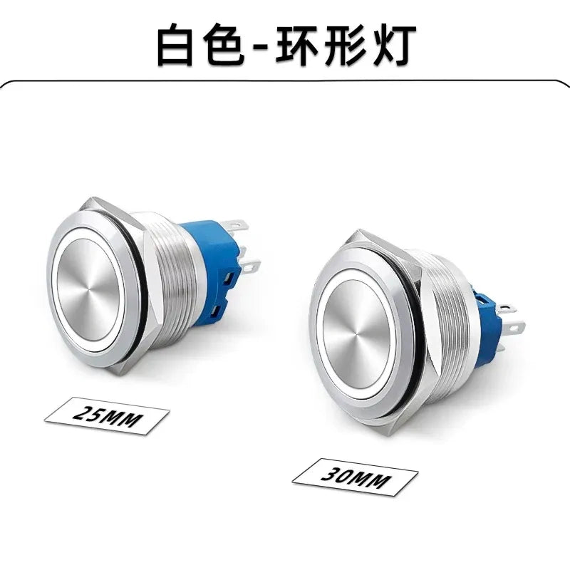 30mm Metal Push Button Switch, Stainless Steel Round Waterproof Momentary & Latching Button, IP66, 5A, LED Ring/Power Symbol Light