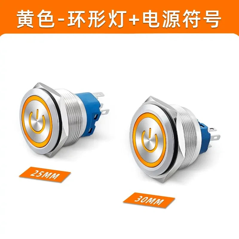 30mm Metal Push Button Switch, Stainless Steel Round Waterproof Momentary & Latching Button, IP66, 5A, LED Ring/Power Symbol Light