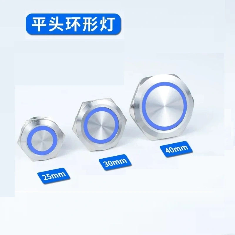 25mm latching switch,30mm momentary button,40mm power symbol button,ip65 waterproof metal switch,nickel?€?plated brass button,large size push button with blue ring led light