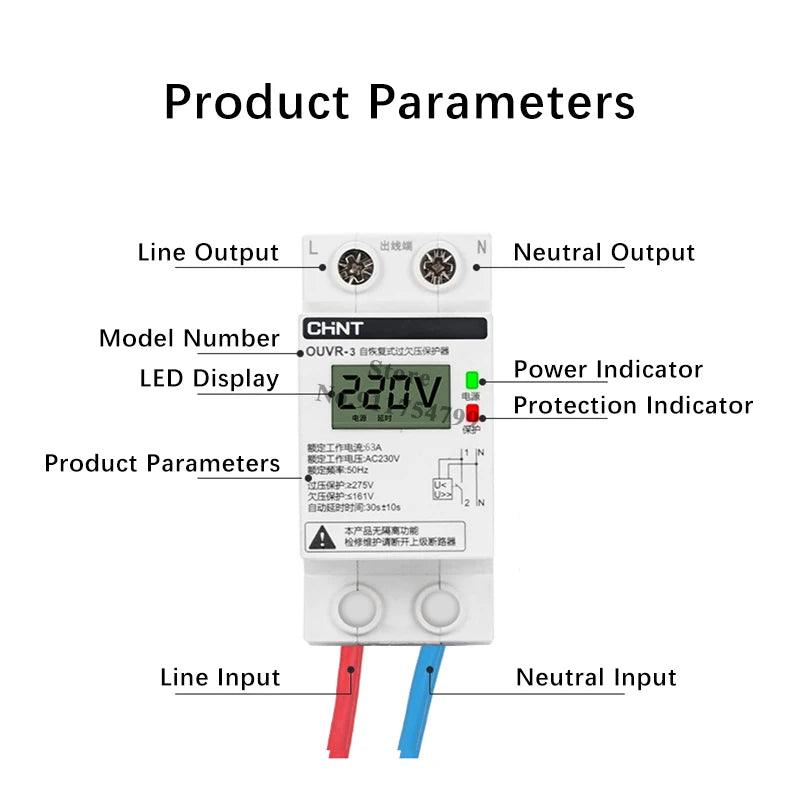 Chnt Chint OUVR-3 Digital Display Self-Reset Overvoltage Protector Circuit Breaker Protection Switch Rated Voltage AC230v