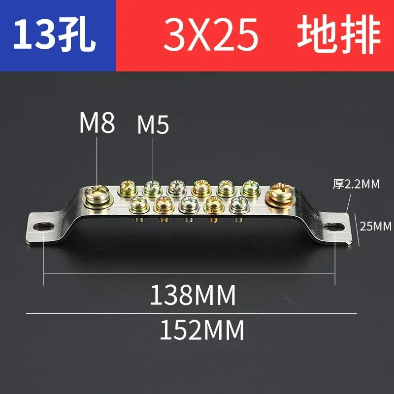 double row terminal block,13 hole 3x25 ground earth bar,bulk distribution terminal block for industrial cabinet,electrical cabinet wiring terminal