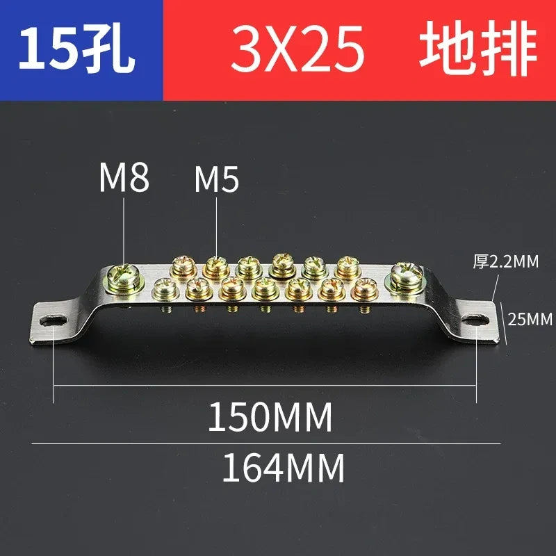 double row terminal block,15 hole 3x25 ground earth bar,bulk distribution terminal block for industrial cabinet,electrical cabinet wiring terminal