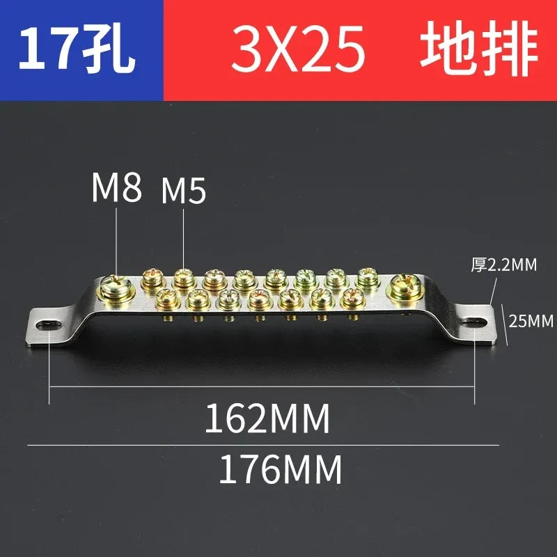double row terminal block,17 hole 3x25 ground earth bar,bulk distribution terminal block for industrial cabinet,electrical cabinet wiring terminal