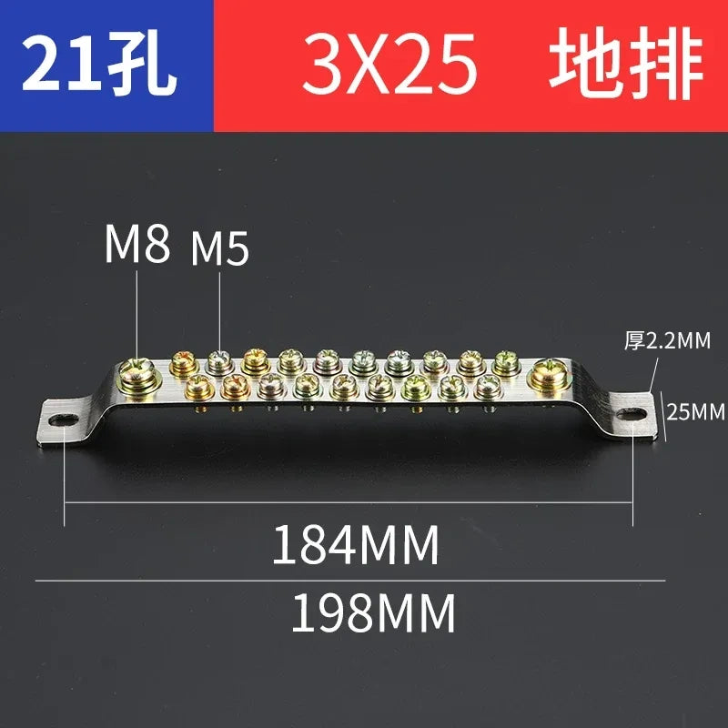 double row terminal block,21 hole 3x25 ground earth bar,bulk distribution terminal block for industrial cabinet,electrical cabinet wiring terminal