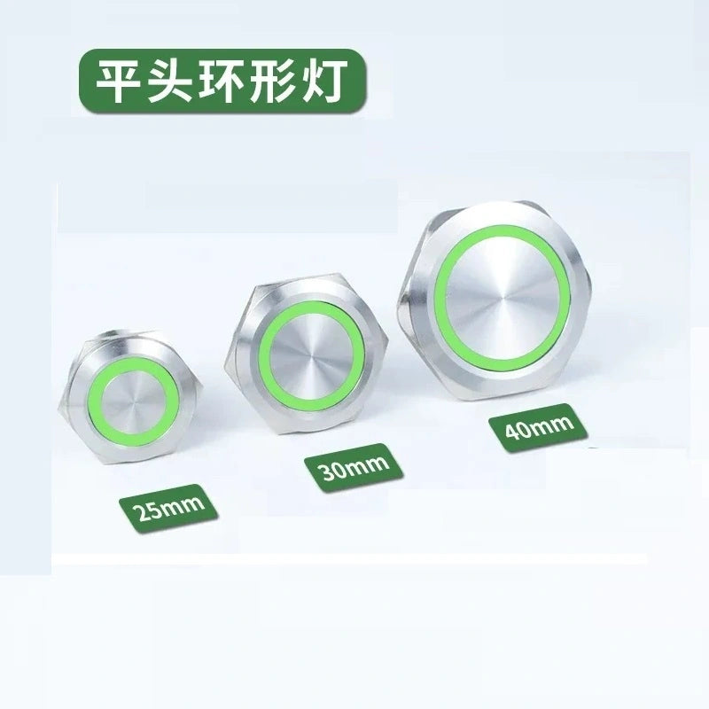 25mm latching switch,30mm momentary button,40mm power symbol button,ip65 waterproof metal switch,nickel?€?plated brass button,large size push button with green ring led light