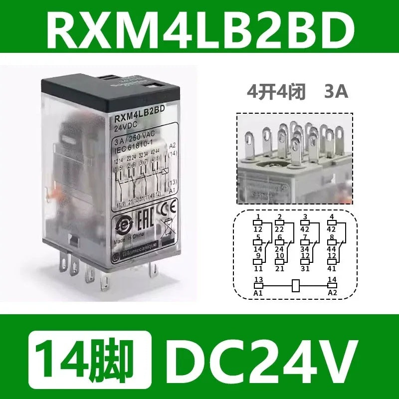Schneider RXM Relay, Miniature Plug-in Relay, Intermediate Relay, 8 Pin Relay, 14 Pin Relay, 2NO2NC Relay, 4NO4NC Relay, DC12V/24V Relay, AC24V/230V Relay, 5A/12A/3A/6A Relay, RXM2LB2BD, RXM4AB2P7, Relay with LED Indicator, Relay with Test Button, Industrial Automation Relay, PLC Control Relay, Schneider Replacement Relay