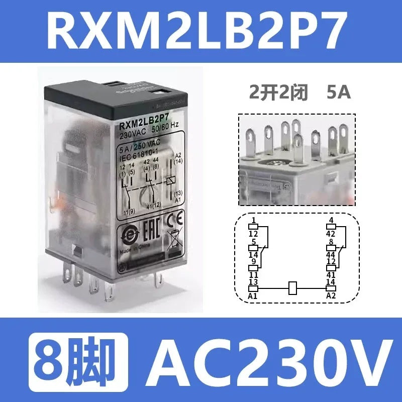 Schneider RXM Relay, Miniature Plug-in Relay, Intermediate Relay, 8 Pin Relay, 14 Pin Relay, 2NO2NC Relay, 4NO4NC Relay, DC12V/24V Relay, AC24V/230V Relay, 5A/12A/3A/6A Relay, RXM2LB2BD, RXM4AB2P7, Relay with LED Indicator, Relay with Test Button, Industrial Automation Relay, PLC Control Relay, Schneider Replacement Relay