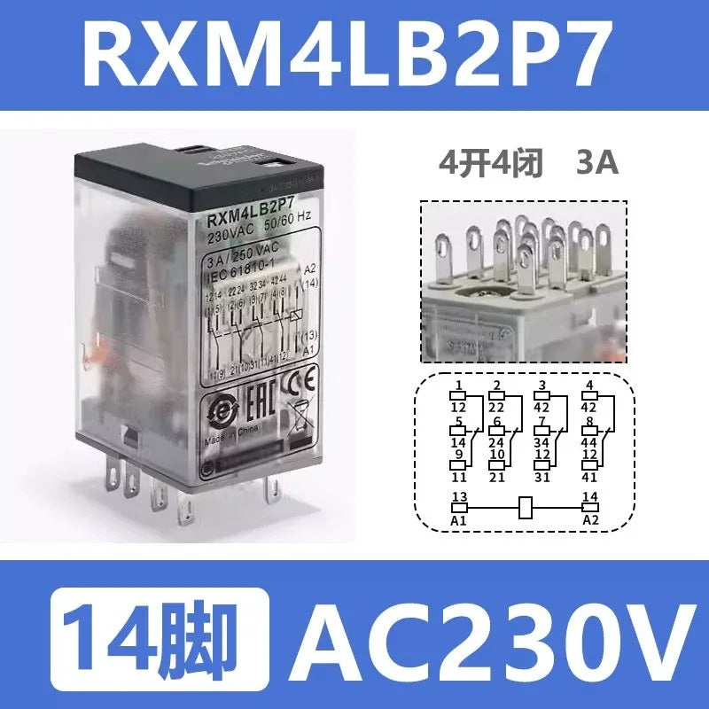 Schneider RXM Relay, Miniature Plug-in Relay, Intermediate Relay, 8 Pin Relay, 14 Pin Relay, 2NO2NC Relay, 4NO4NC Relay, DC12V/24V Relay, AC24V/230V Relay, 5A/12A/3A/6A Relay, RXM2LB2BD, RXM4AB2P7, Relay with LED Indicator, Relay with Test Button, Industrial Automation Relay, PLC Control Relay, Schneider Replacement Relay