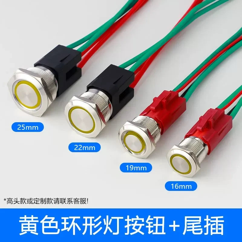 IP67 waterproof button yellow led with wire, high power start switch, 16mm metal button, 19mm push button, 22mm led button, 25mm waterproof switch