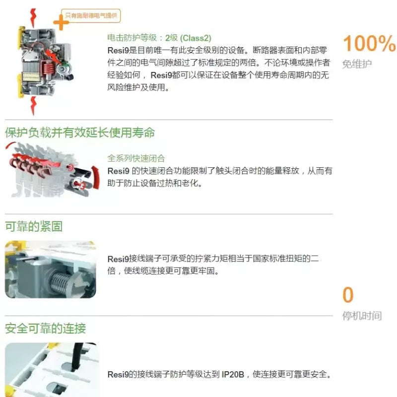 Schneider RCBO, Resi9 iDPNN Vigi+, 1P+N RCBO, 10A RCBO, 16A RCBO, 20A RCBO, 25A RCBO, 32A RCBO, Schneider residual current breaker, Type A 30mA RCBO, 6kA C curve RCBO, DIN rail circuit breaker, leakage protection circuit breaker, overload short circuit protection breaker, Schneider Resi9 series, 18mm compact RCBO