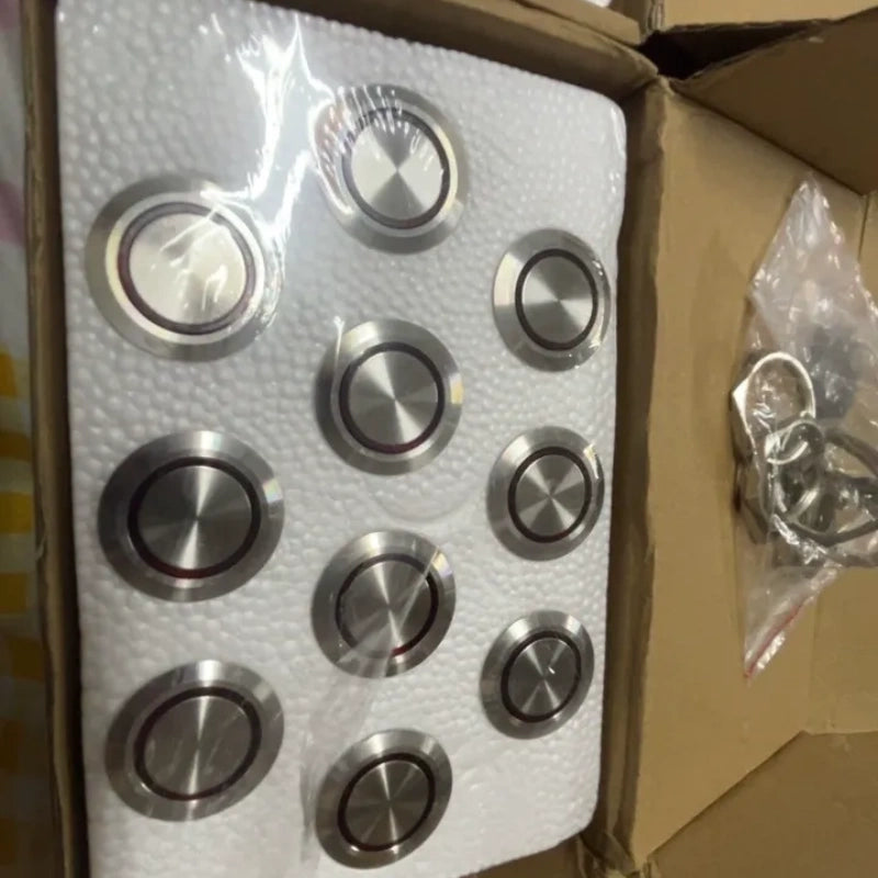 30mm Metal Push Button Switch, Stainless Steel Round Waterproof Momentary & Latching Button, IP66, 5A, LED Ring/Power Symbol Light