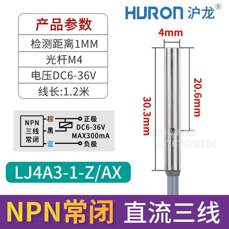 LJ4A3-1-Z/AX M4 mini inductive proximity sensor, measuring distance 1mm metal detector,DC 3-Wire NPN NC miniature sensor, 