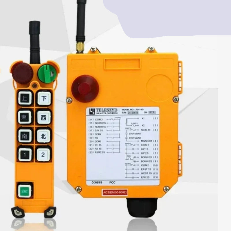 F24 series remote control, F24-8D F24-8S, industrial wireless crane remote, one touch dual speed hoist remote, single speed radio controller, VFD overhead crane remote, Telecrane industrial remote, IP65 lifting remote with emergency stop, key lock safety remote, multi-channel hoist transmitter receiver, 24V 36V 220V 380V crane remote, heavy duty industrial radio control, gantry crane remote replacement kit