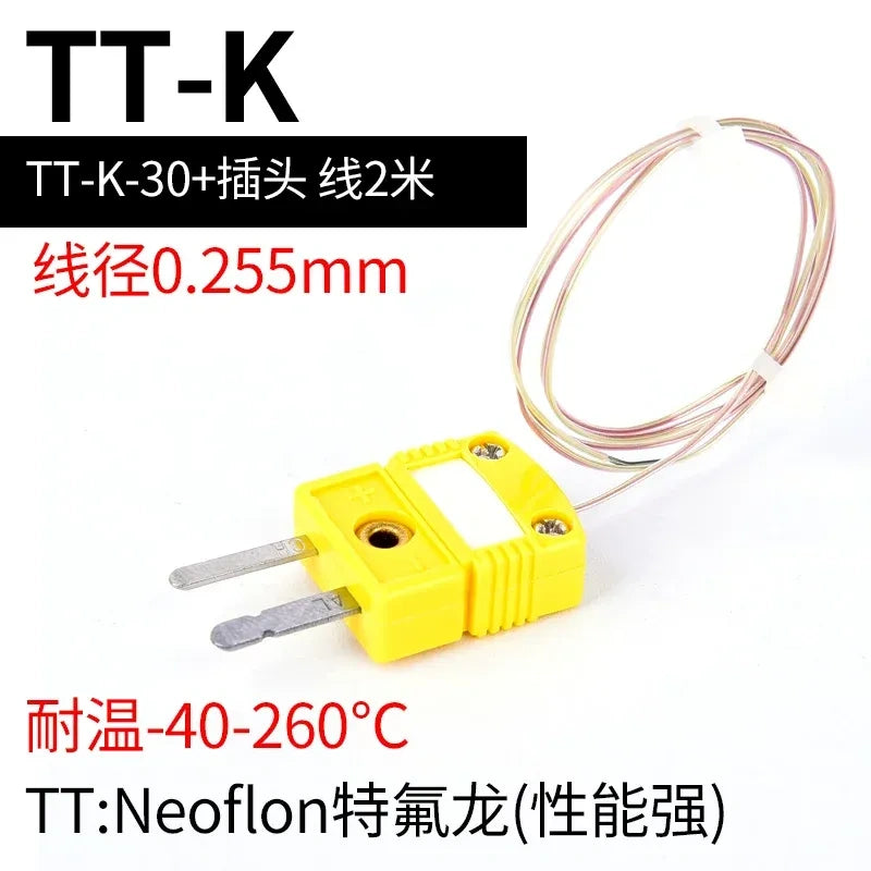 thermocouple wire, K type thermocouple, TT-K-30, PTFE thermocouple wire with length 2M, Neoflon thermocouple, yellow thermocouple plug, K-type temperature probe wire, ANSI thermocouple, thermal measuring cable