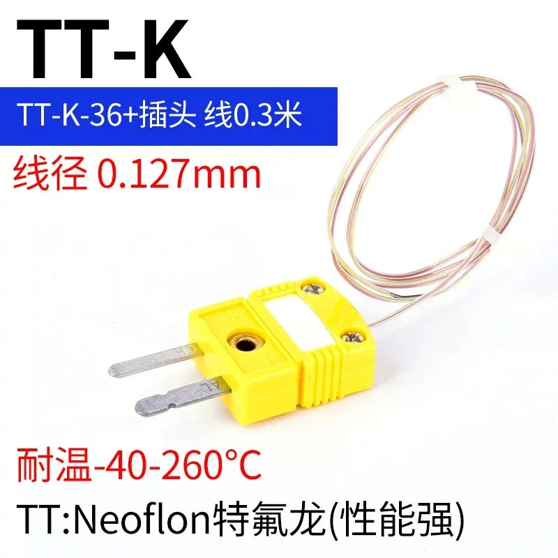 thermocouple wire, K type thermocouple, TT-K-36, PTFE thermocouple wire with length 0.3M, Neoflon thermocouple, yellow thermocouple plug, K-type temperature probe wire, ANSI thermocouple, thermal measuring cable