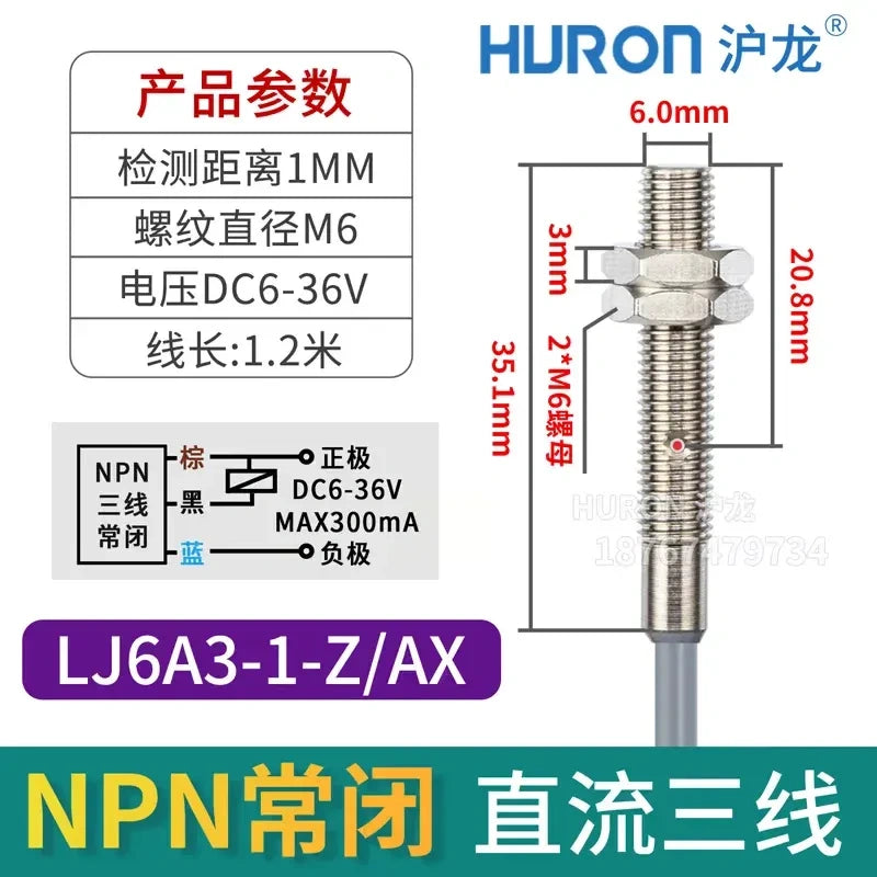 LJ6A3-1-Z/AX M6 mini inductive proximity sensor, measuring distance 1mm metal detector,DC 3-Wire NPN NC miniature sensor