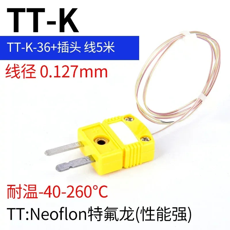 thermocouple wire, K type thermocouple, TT-K-36, PTFE thermocouple wire with length 5M, Neoflon thermocouple, yellow thermocouple plug, K-type temperature probe wire, ANSI thermocouple, thermal measuring cable