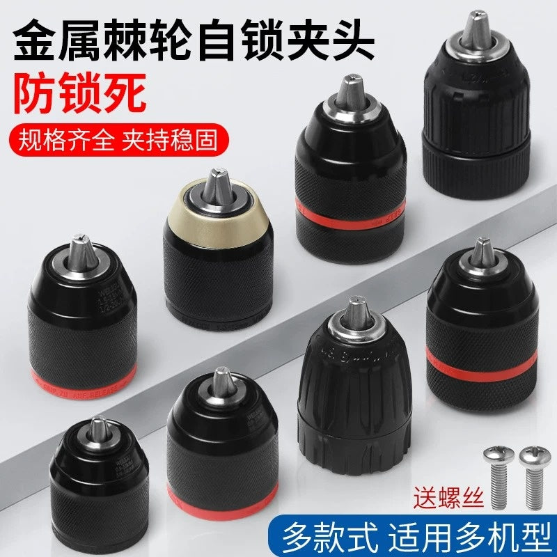 keyless ratchet drill chuck, self locking drill chuck, 3/8 24UNF drill adapter, 1/2 20UNF quick change chuck, cordless drill replacement chuck, angle grinder to drill converter chuck, 0.8-10mm 1.5-13mm drill bit holder