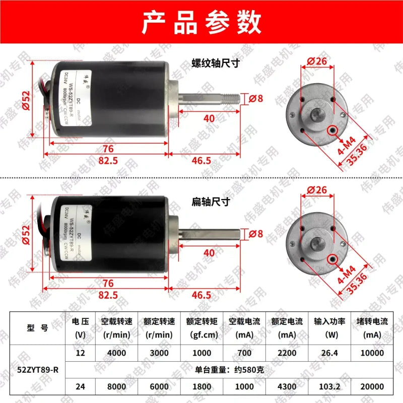 52ZY DC motor,WS?52ZYT89?R motor,threaded shaft dc motor,12V 24V dc motor,high speed reversible motor,speed adjustable motor,magnetic encoder motor,IP44 dc motor,quiet ball bearing motor,belt sander motor,grinder motor,polishing machine motor,mini industrial motor,20W dc motor