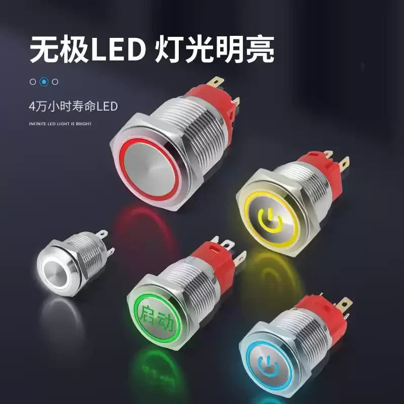 IP66 Waterproof LED Metal Push Button Switch, Latching / Momentary, Start Stop Power Button, 16mm 19mm 22mm, Custom Symbol