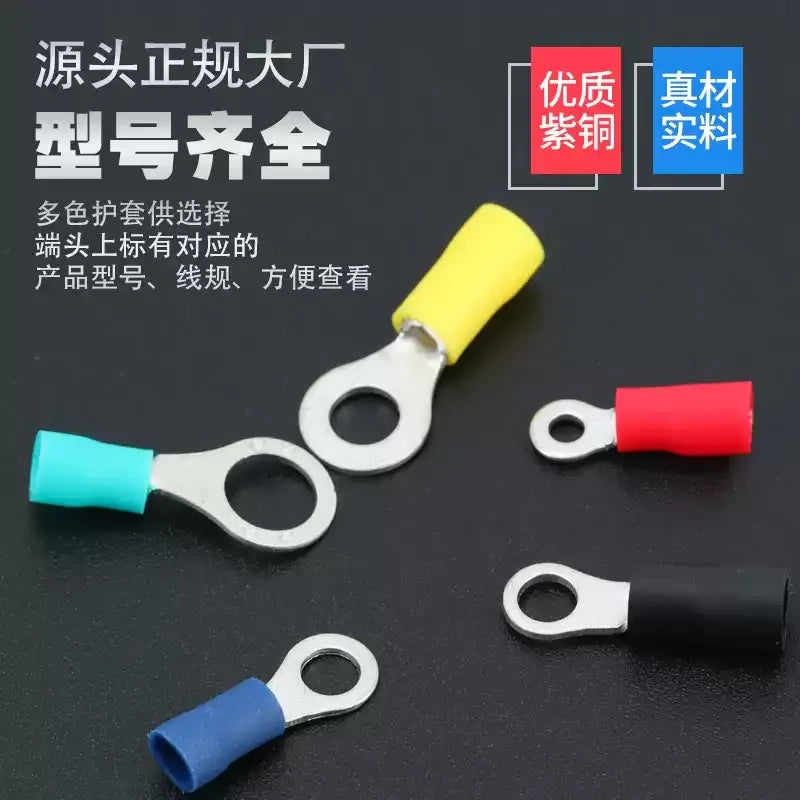 100PCS/Pack O‑Type RV1.25 RV2 RV3.5 RV5.5 Pre‑Insulated Ring Terminal Lugs for 0.5‑16mm² Cable