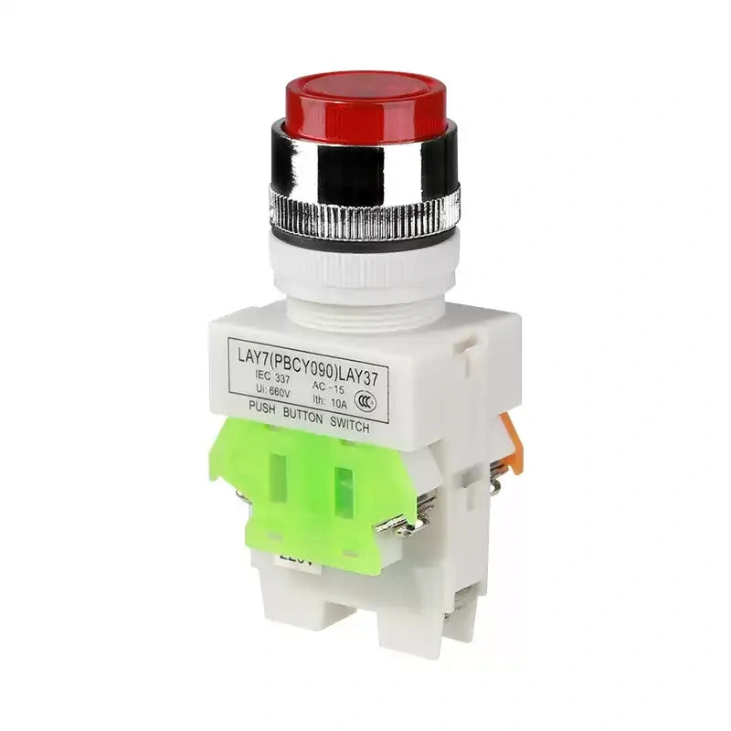 LAY37-11DN, 22mm push button switch, 10A 440V AC switch, latching push button, momentary push button, push button with LED, industrial control switch, panel mount switch, 1NO1NC switch, lay37 series