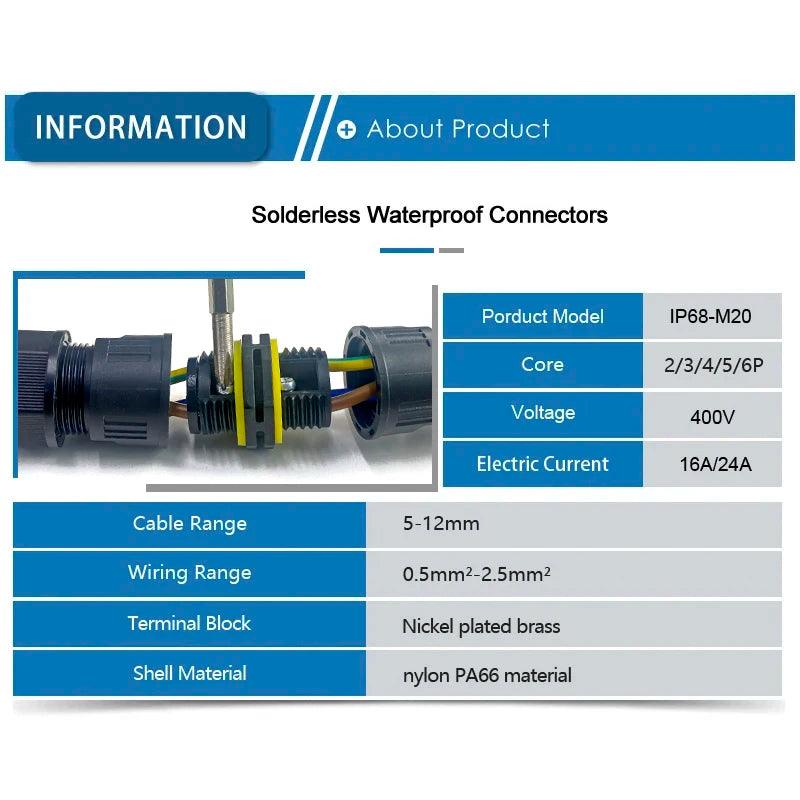 IP68 M20 Waterproof Cable Connector 2/3/4/5/6 Pin Screw Wiring Terminal Wire Connectors for Electrical Light Junction Box - electrical center b2c,6 pin wire connector
