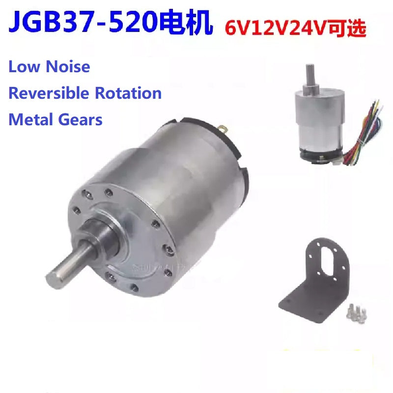 محرك تروس تيار مستمر JGB37-520 مع مشفر هول، محرك بطيء السرعة قابل للعكس 6 فولت 12 فولت 24 فولت لسيارة التوازن والروبوت