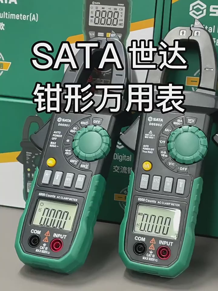 SATA clamp meter,sata d05957 d05951 d05952 d05953,digital clamp multimeter,true‑rms clamp meter,600a ac dc clamp meter,ncv non‑contact detection,intelligent anti‑burn multimeter,electrician clamp ammeter,frequency temperature vfc test,sharp tip test probe optional,6000 counts multimeter