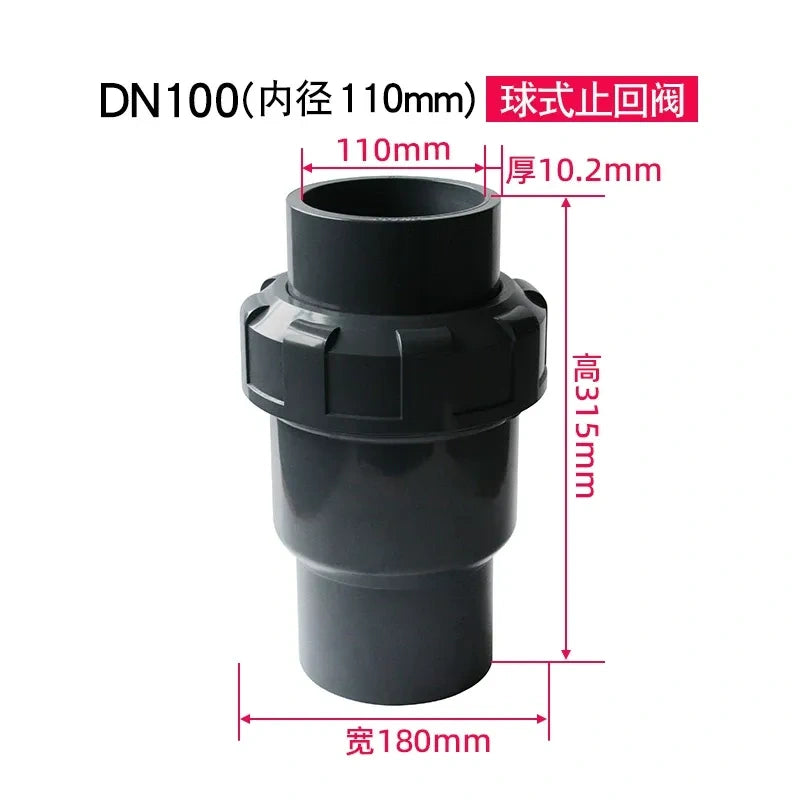 PVC Ball Check Valve, Non Return One Way Valve for Drainage Pipe, Sizes 20/25/32/40/50/63/75/90/110mm