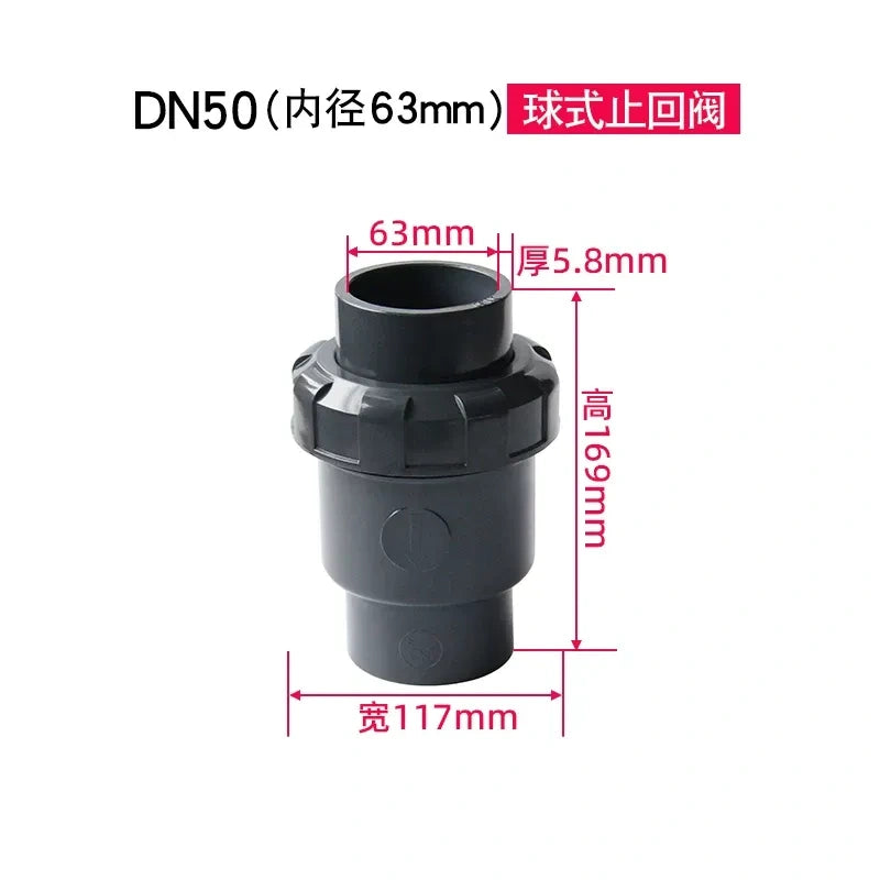 PVC Ball Check Valve, Non Return One Way Valve for Drainage Pipe, Sizes 20/25/32/40/50/63/75/90/110mm