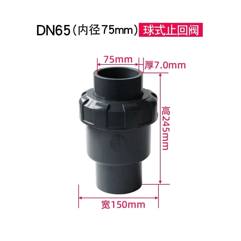 PVC Ball Check Valve, Non Return One Way Valve for Drainage Pipe, Sizes 20/25/32/40/50/63/75/90/110mm