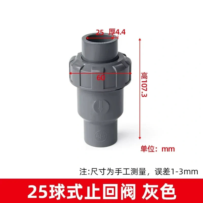 PVC Ball Check Valve, Non Return One Way Valve for Drainage Pipe, Sizes 20/25/32/40/50/63/75/90/110mm