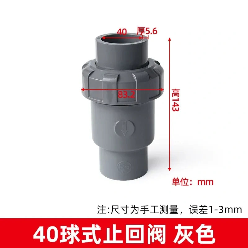 PVC Ball Check Valve, Non Return One Way Valve for Drainage Pipe, Sizes 20/25/32/40/50/63/75/90/110mm