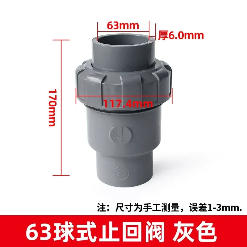 PVC Ball Check Valve, Non Return One Way Valve for Drainage Pipe, Sizes 20/25/32/40/50/63/75/90/110mm