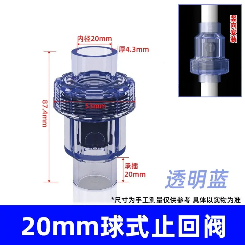 PVC Ball Check Valve, Non Return One Way Valve for Drainage Pipe, Sizes 20/25/32/40/50/63/75/90/110mm