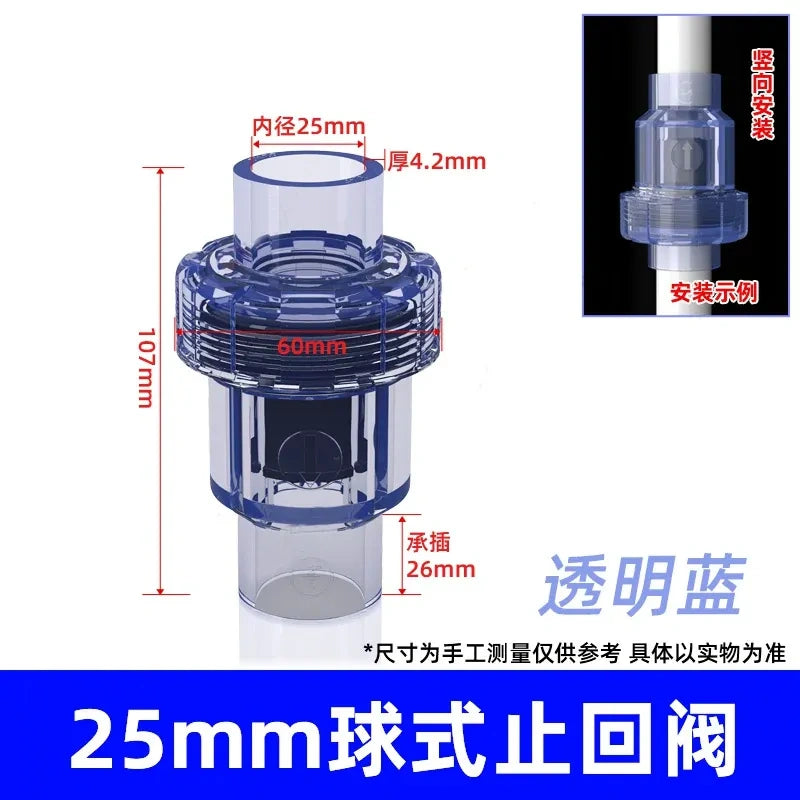 PVC Ball Check Valve, Non Return One Way Valve for Drainage Pipe, Sizes 20/25/32/40/50/63/75/90/110mm