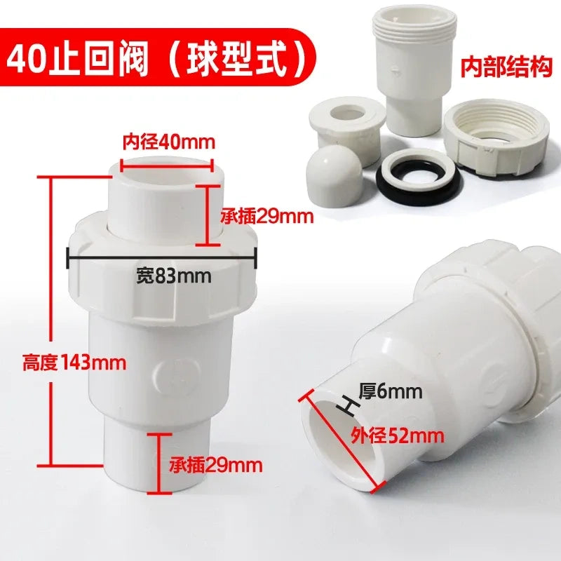 PVC Ball Check Valve, Non Return One Way Valve for Drainage Pipe, Sizes 20/25/32/40/50/63/75/90/110mm